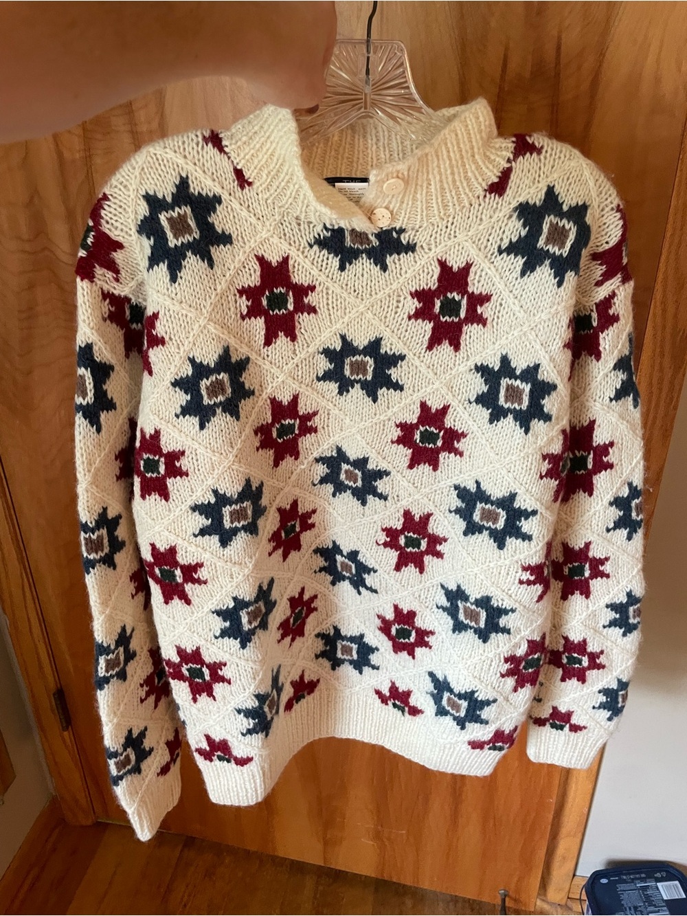 Cozy Ivory Nordic Star 100% wool Sweater - Button Collar